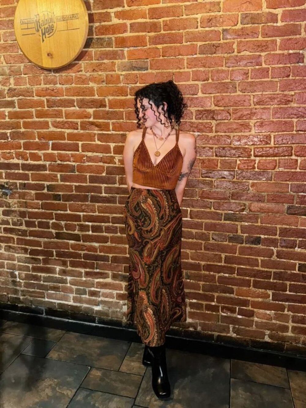 Vintage 90s Tapestry Baroque Textured Paisley Black Golden Maxi Stretch Skirt M - Picture 6 of 7
